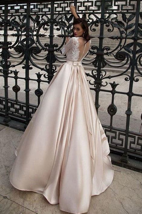 Lace Half Sleeves Champagne Wedding Dress With Sheer Neckline