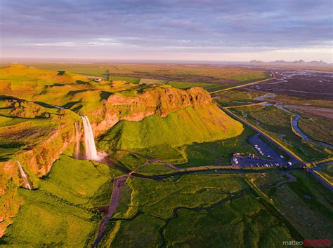 Aerial Drone Image Of Seljalandsfoss Waterfall At Sunset Iceland