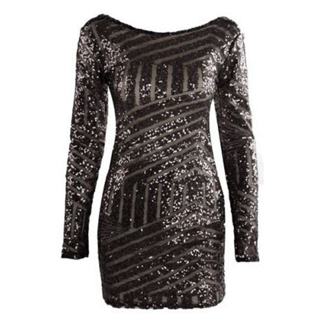 Sequins Embellished Backless Sexy Round Neck Long Sleeve Women S Dress Black Sequins