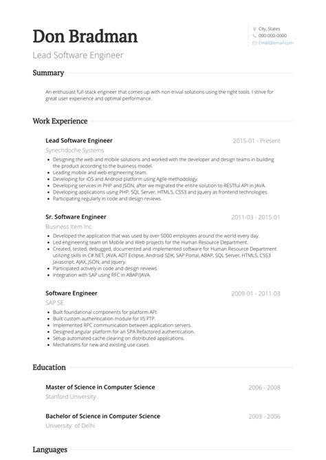 This page provides you with software engineer resume samples to use to create your own resume with. Software Engineer - Resume Samples and Templates | VisualCV