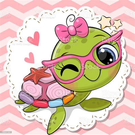 Cartoon Turtle Girl In Pink Eyeglasses With A Bow Stock Illustration