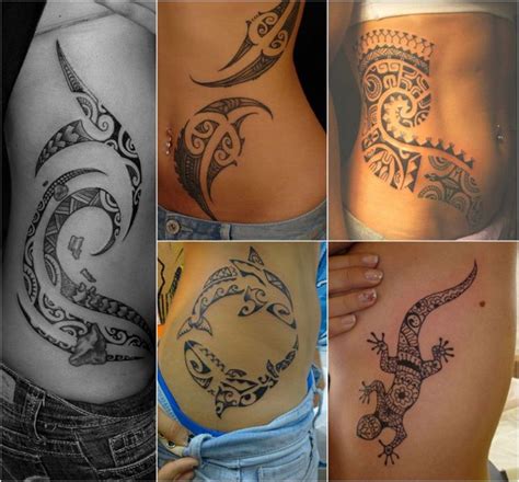 Maorie Tattoos frau Rippen Bauch Hüften Linien Dolphine Gecko Maori