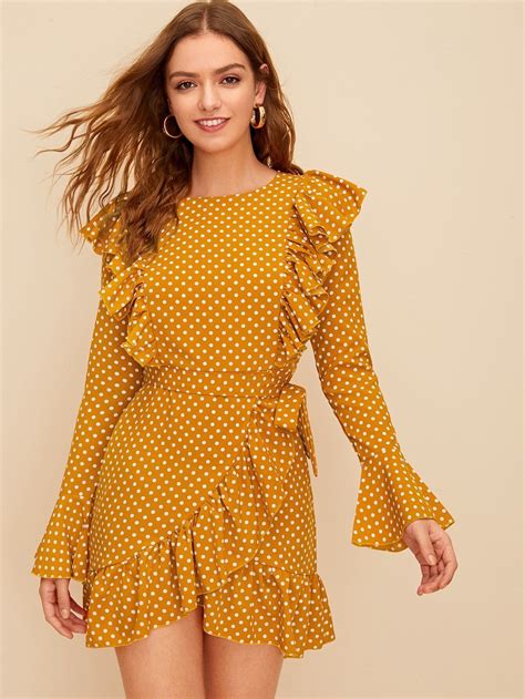 Buy Polka Dot Ruffle Trim Belted Dress In The Online Store