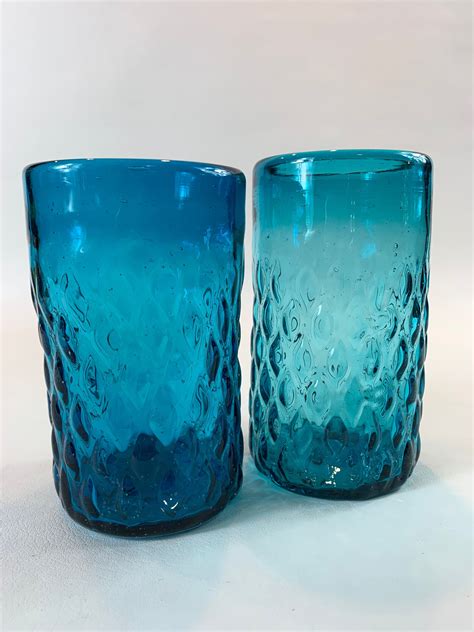Vintage Blue Glass Tumblers Etsy Blenko Glass Glass Tumbler Glass