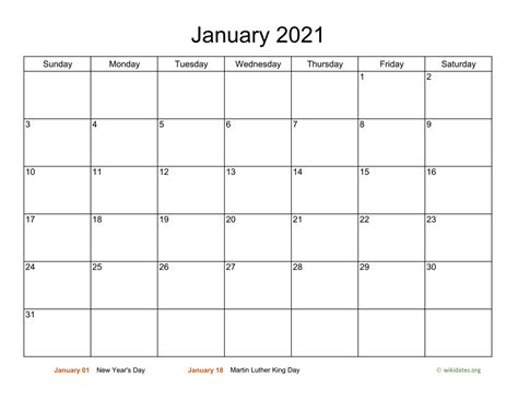 Basic Calendar For January 2021