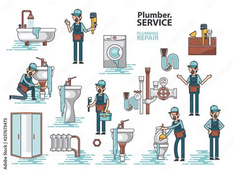 Vector Set Of Professional Plumbers Repairing The Broken Home