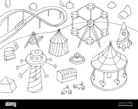 Amusement Park Landscape Aerial View Graphic Black White Sketch