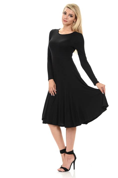 Long Sleeve Fit And Flare Midi Dress Black Long Sleeve Dress Dresses
