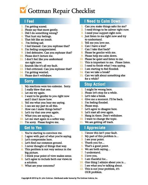 Gottman Repair Checklist For Couples Marriage Therapy Relationship