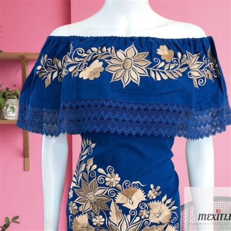 Off The Shoulder Floral Embroidery Mexican Dress Hand Etsy