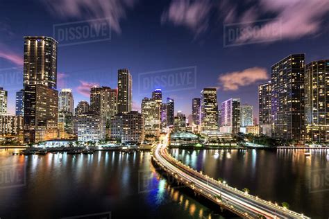 Bridge Leading To Brickell Key And Downtown Miami Skyline At Night