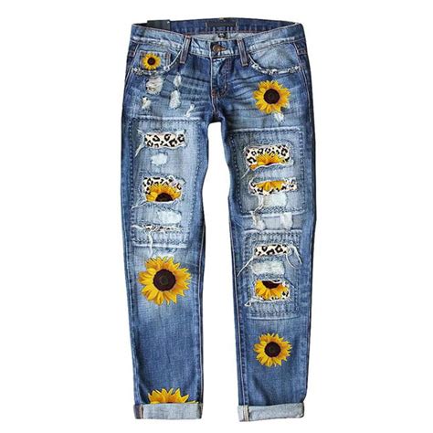 Evaless Womens Fashion Ripped Sunflower Patchwork Boyfriend Jeans