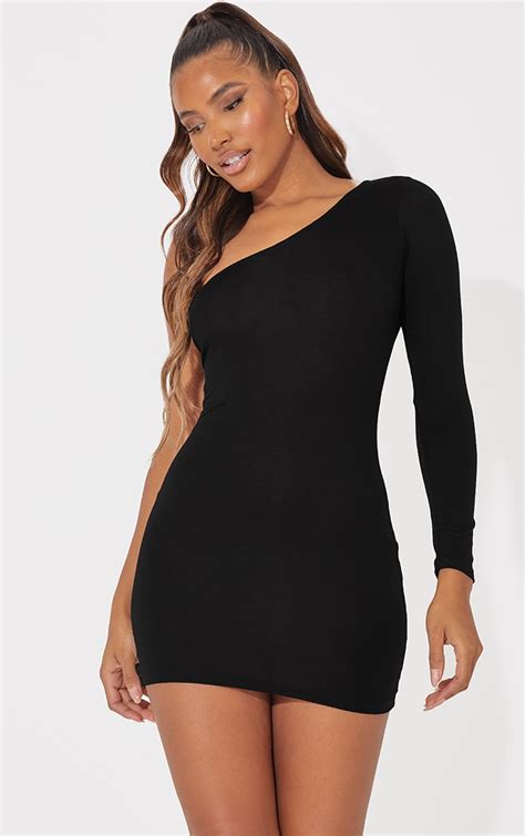 Black One Shoulder Long Sleeve Bodycon Dress Prettylittlething Ire