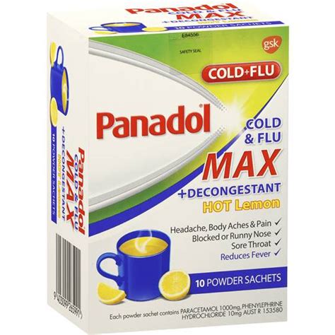 • if you are taking other paracetamol containing products or other cold and flu medications or decongestants. Panadol Cold & Flu MAX + Decongestant Hot Lemon Powder ...