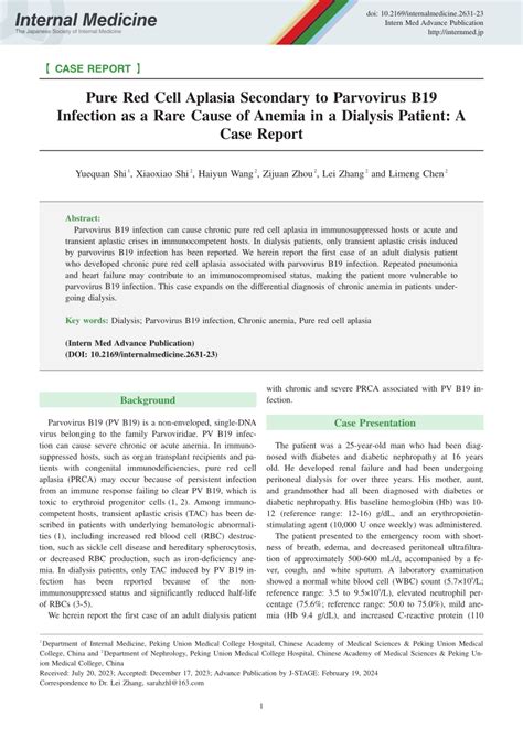 Pdf Pure Red Cell Aplasia Secondary To Parvovirus B19 Infection As A Rare Cause Of Anemia In A