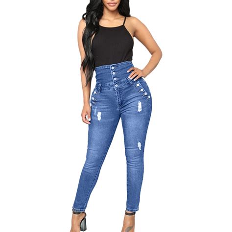 Ladies High Waist Jeans Elastic Button Hole Denim Plus Size Jeans Casual Ripped Jeans For Women