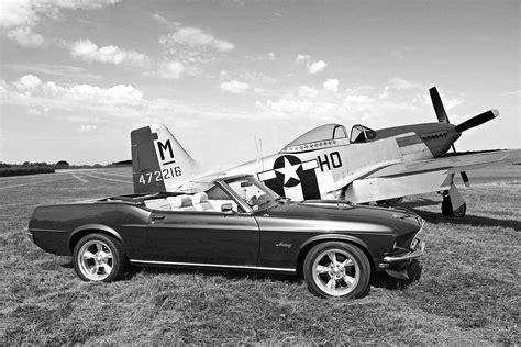 69 Mustang Convertible With P 51 In Black And White Photograph By Gill