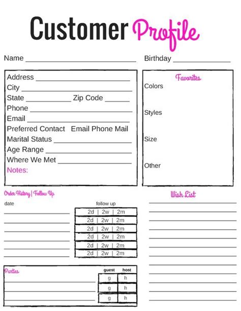 Printable Customer Profile Direct Sales Affiliate Business