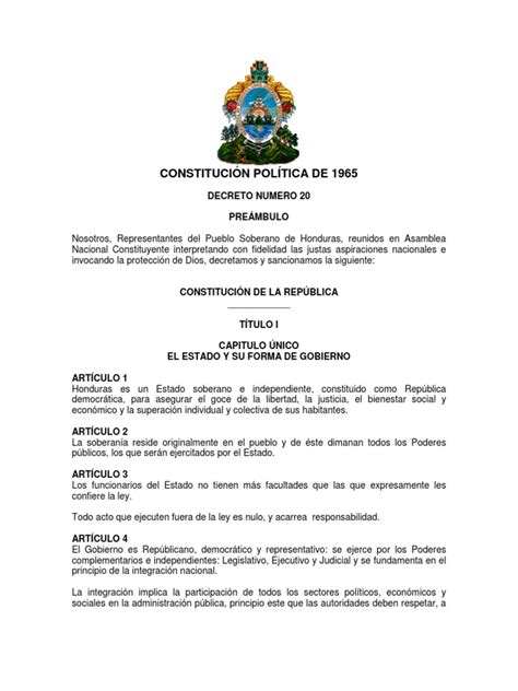 Constitución De La República De Honduras 1965