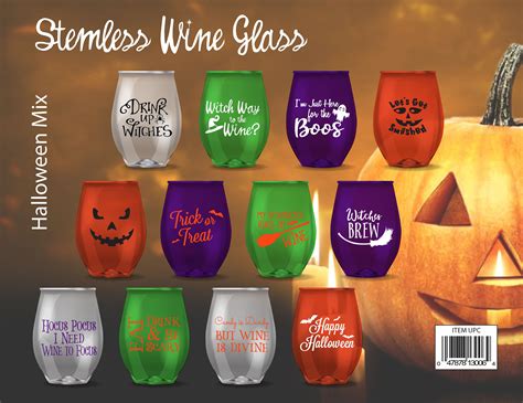 Set Of 12 Halloween Stemless Wine Glasses Halloween T Etsy