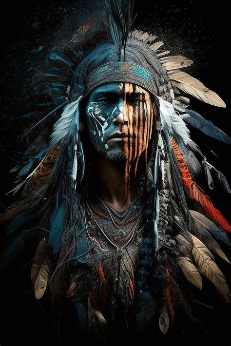 A Native American Man With Feathers On His Head And Face Painted In