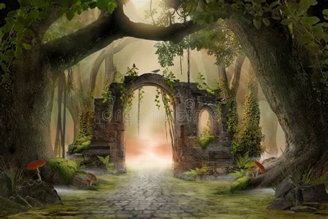 Archway In An Enchanted Fairy Forest Landscape Misty Dark Mood Stock