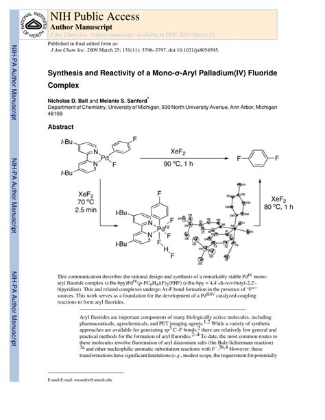 PDF Synthesis and Reactivity of a Mono σ Aryl Palladium IV Fluoride