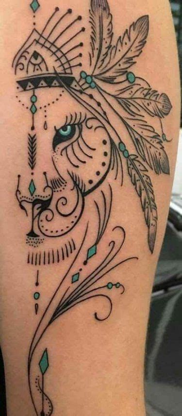Geometric lion tattoos look good running down the subject's arm with the crisp linework and shapes contrasting beautifully with the realism of fur and fang. Tattoo thigh lion design 61+ ideas | Trendy tattoos ...