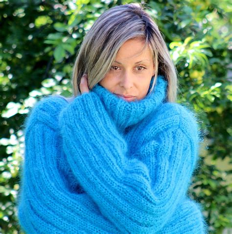 Hand Knit Mohair Sweater Cable Blue Turquoise Fuzzy Etsy