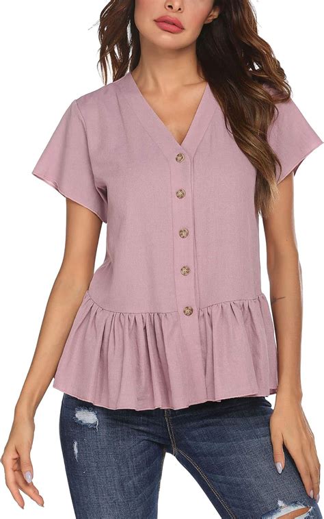 Elesol Short Sleeve Peplum Blouse For Women Summer Casual Button Down Shirt Cute Ruffle Peplum