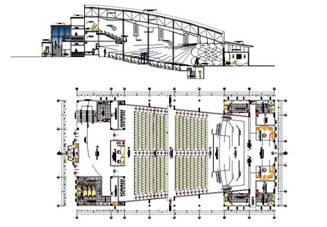 Plan And Sectional Detail Of Multiplex Theater Building Block Detail 2d