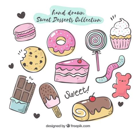 Sweet Desserts Collection In Hand Drawn Style Cute Food Drawings