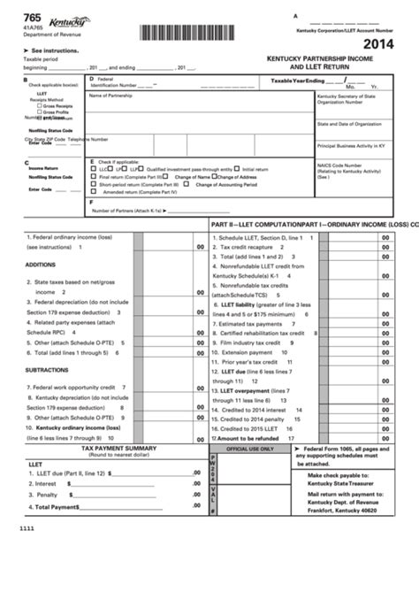Fillable Form 765 Kentucky Partnership Income And Llet Return 2014