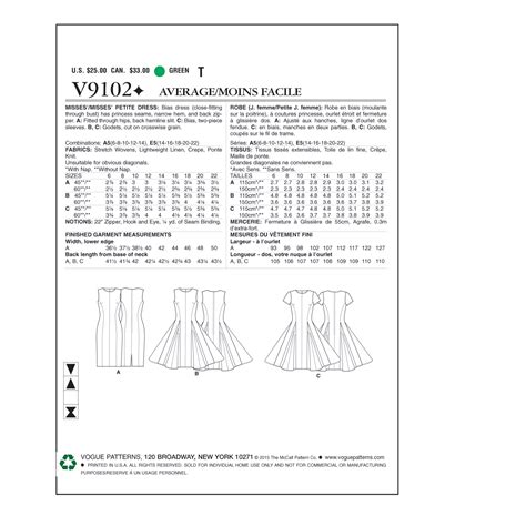 Vogue Womens Tailored Knee Length Dress Sewing Pattern 9102