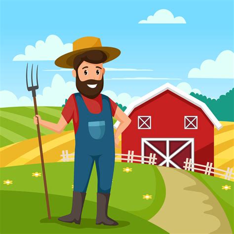 Cartoon Farmer With Farmland Background Vector Art At Vecteezy