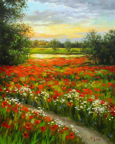 Poppy Field Modern Impressionistic Landscape Oil Painting T For
