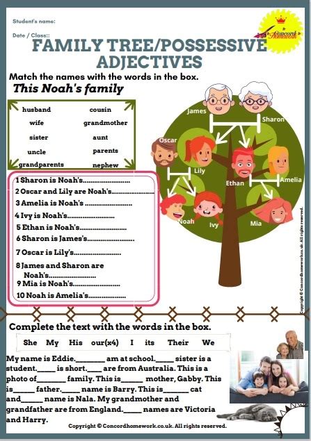 For comparative adjectives, show them two cards (alligator and dog). Family Tree, Possessive adjectives free ESL EFL pdf worksheets with answer keys - ConcordHomework