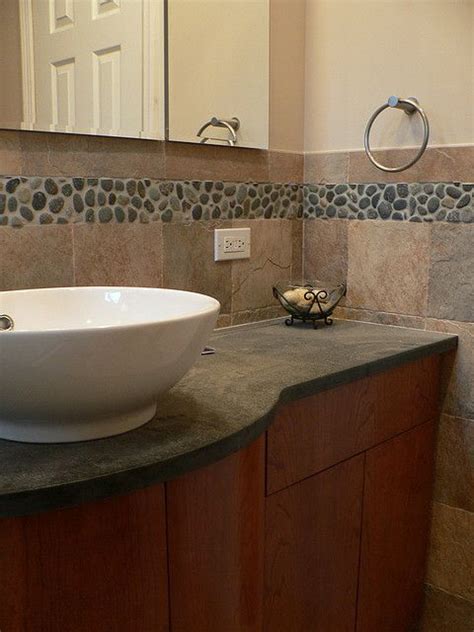 Rustic kitchen cabinets rustic kitchen design kitchen interior kitchen backsplash kitchen island backsplash ideas stone backsplash backsplash design kitchen countertops. Tile and pebble bath trim. Love the color scheme ...