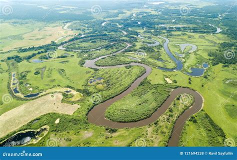 Aerial Landscape Of Winding River In Green Fields Stock Photo Image