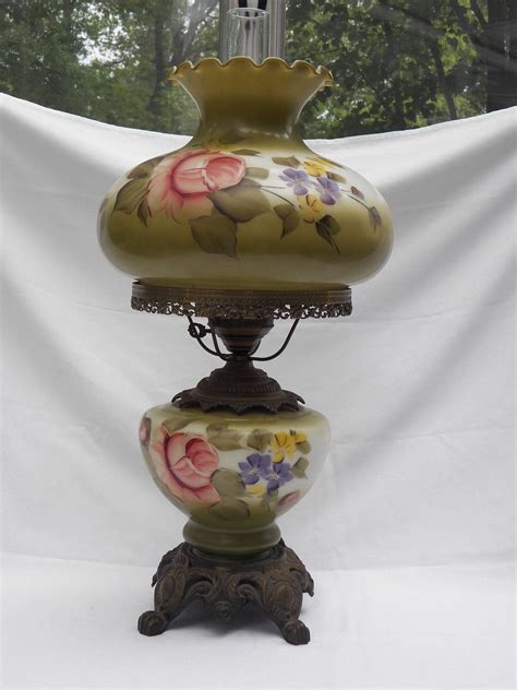 Vintage Glass Hand Painted Table Lamp Floral Flower Design Green With