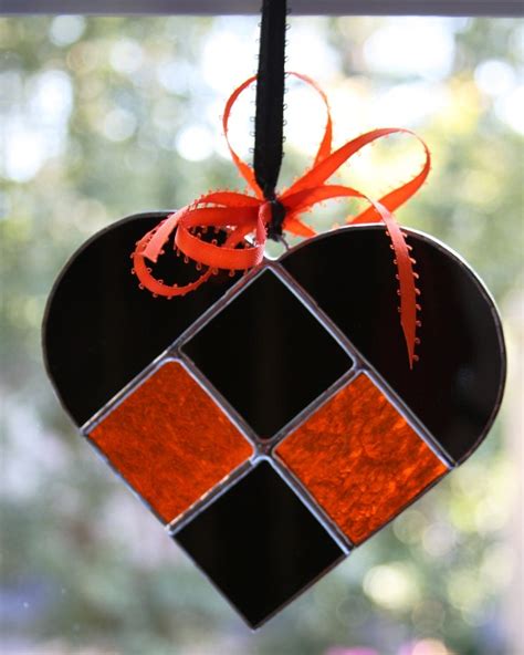 Black And Orange Harley Davidson Stained Glass Heart Suncatcher