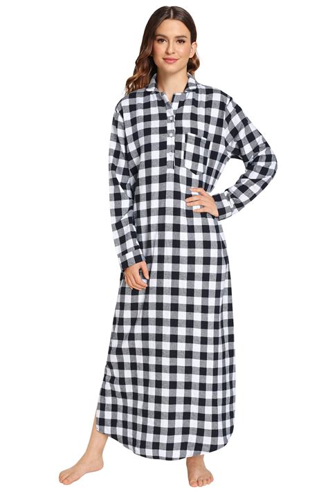 Womens Plaid Flannel Nightgowns Full Length Sleep Shirts Latuza