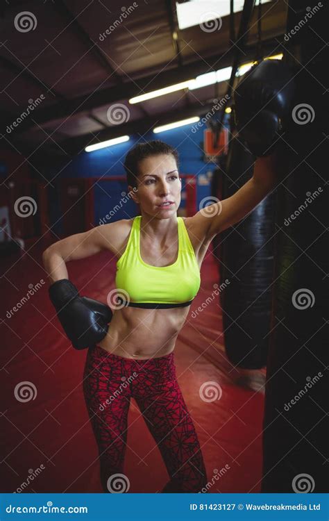 Female Boxer Leaning On Punching Bag Stock Image Image Of Arts Adult 81423127