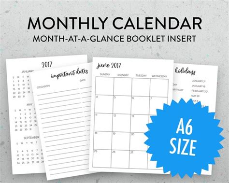 Items Similar To A6 Monthly Calendar Printable Travelers Notebook