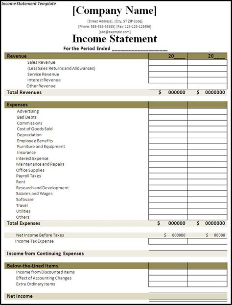 Income Statement Template Free Word Templates