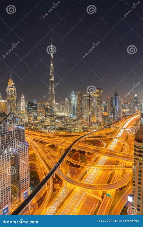 Aerial View Of Dubai Downtown Skyline Highway Roads Or Street In