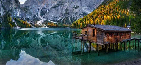 Nature Landscape Lake Mountains Cabin Chapel Forest Fall Italy