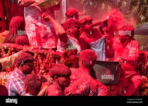 Float And Color Throwing Celebrating Holi Festival Vrindavan Mathura