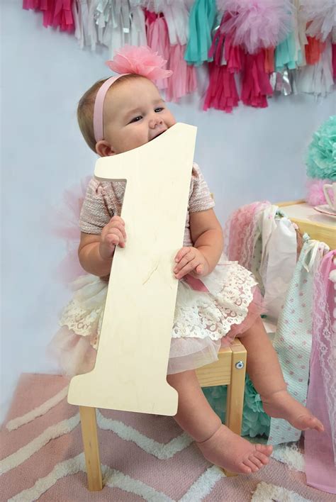 Girl Holding Letter 1 Standee Sitting Stool One Year Old Infant