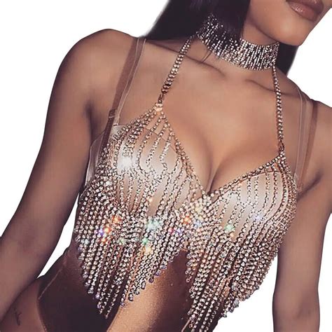 shiny rhinestone bra chain jewelry silver body chain sequins bra bikini in body jewelry from
